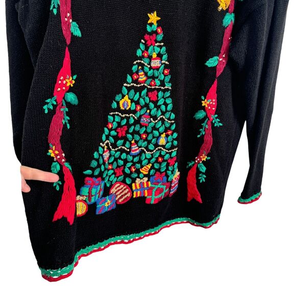 Nutcracker Black Christmas Tree Embroidered Sweater Holiday Party Womens Large - Picture 2 of 5